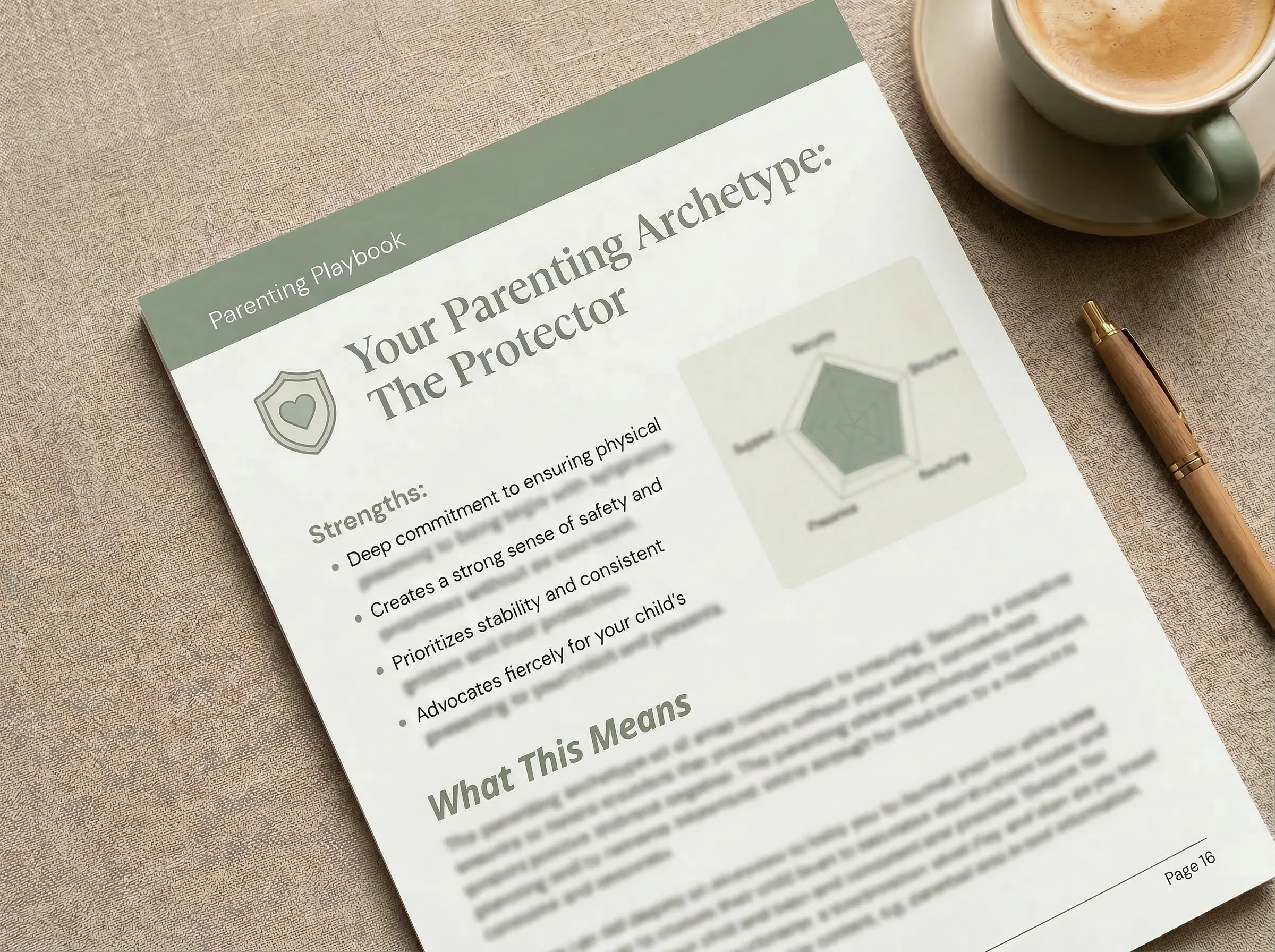 Sample page from a Parenting Playbook showing archetype profile, strengths, and radar chart