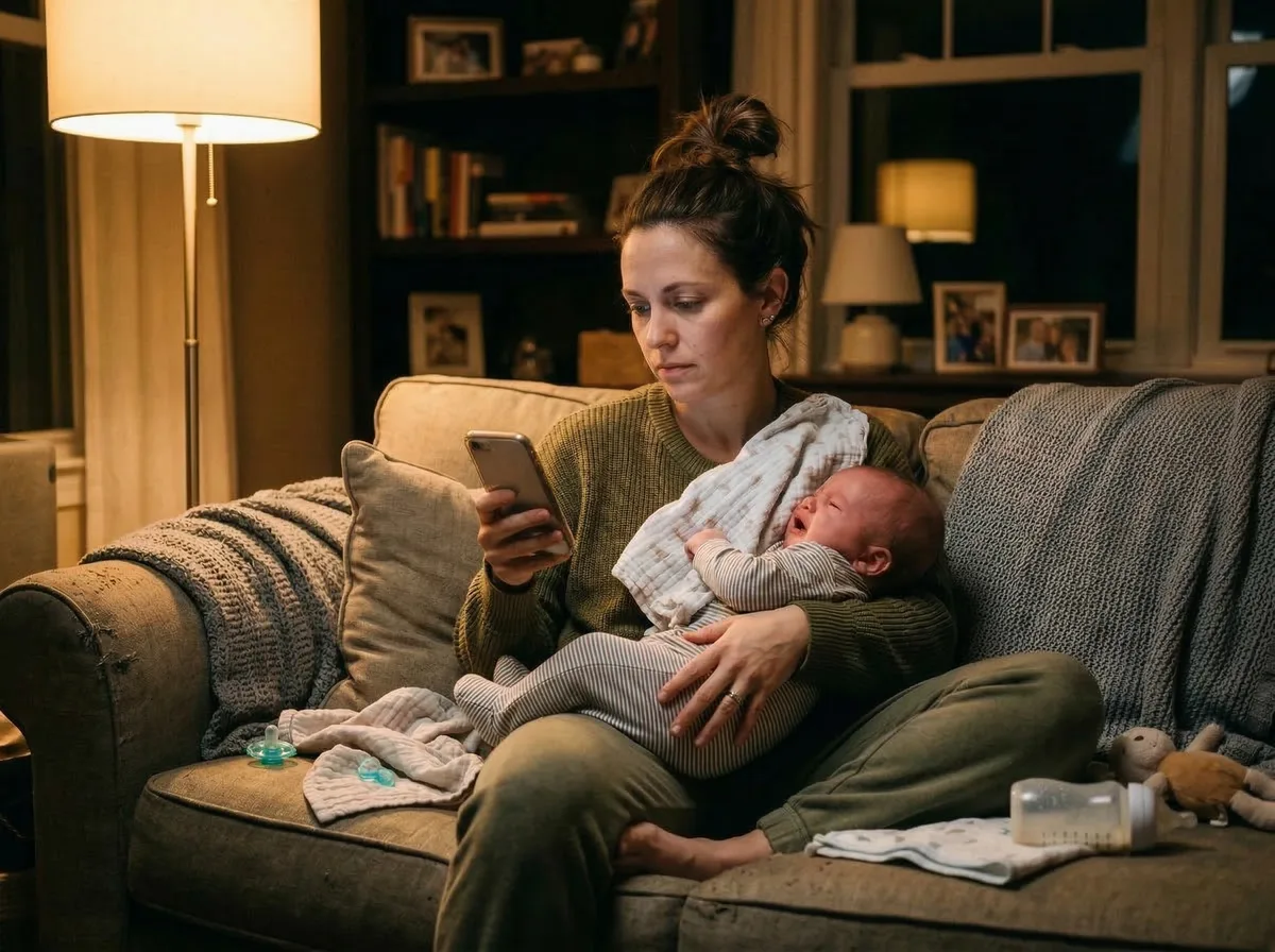 Tired parent sitting on a couch at night with a baby