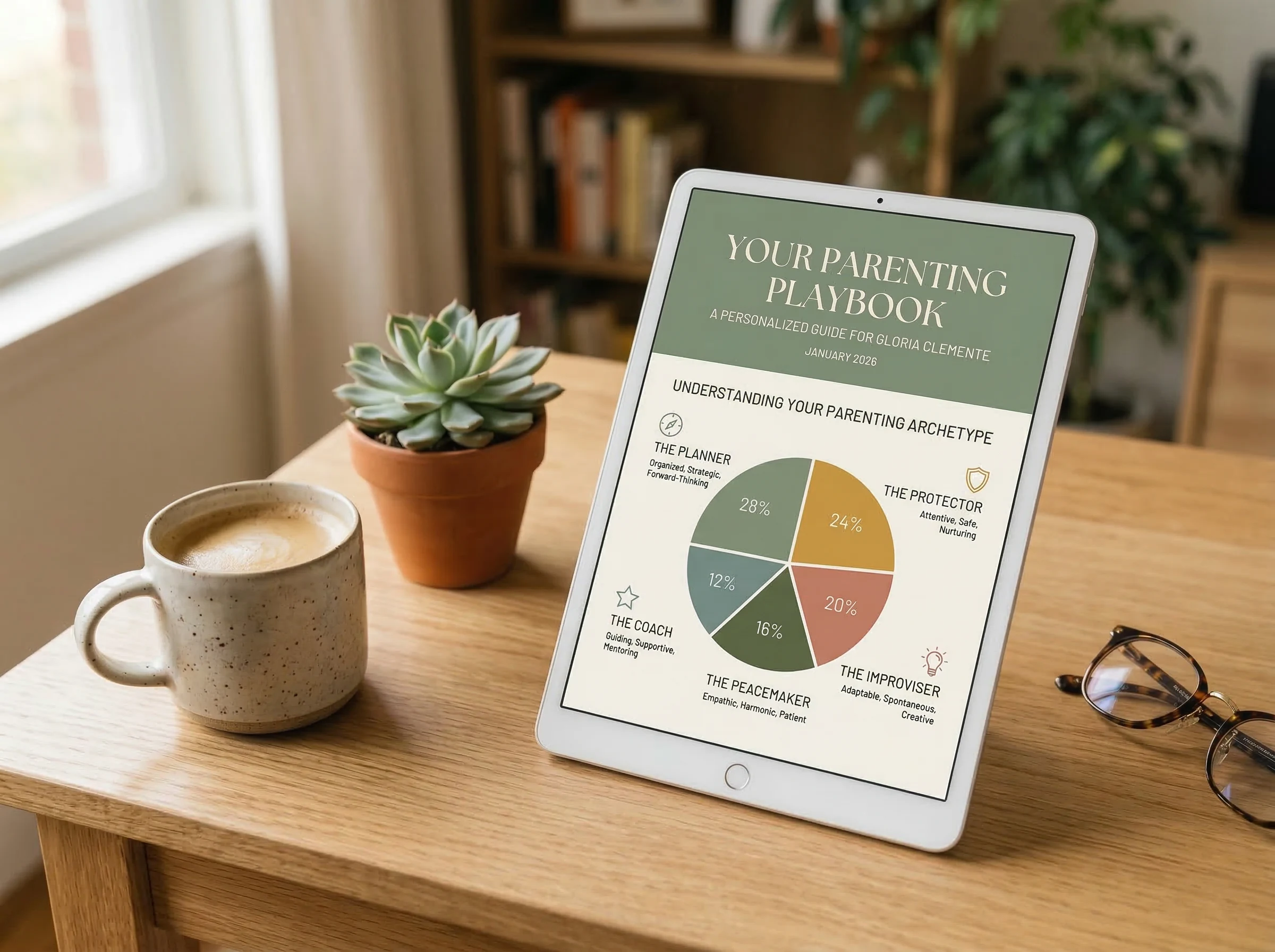 Parenting Playbook PDF displayed on an iPad next to a coffee cup